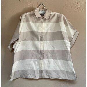 A-K-R-I-S  punto Womens Cotton Silk  Short Sleeve Striped Shirt Size 8 Beige